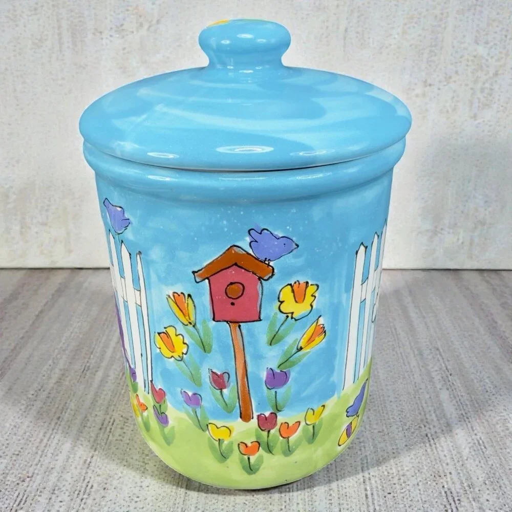 Starbucks Canister Cookie Jar Container Hand Painted Hungary Bunny Rabbit Flower - Picture 2 of 15